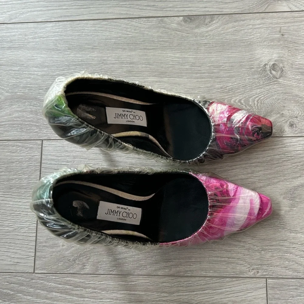 Off-White X Jimmy Choo Pink White Floral Satin Heels Plastic Overlay Size 37 - Picture 6 of 12